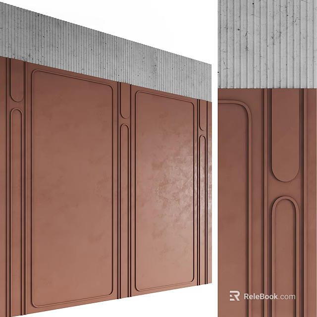 Modern Sofa Background Wall Design With Brown Paneled Decorative Lines And Gray Top 3d model 
