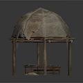 Traditional Shelter Structure With Wooden Frame Animal Skin Cover And Bench On Ground With Hay