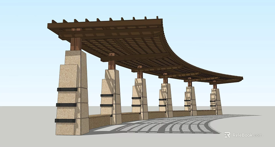 Wooden Pergola With Curved Lattice Roof And Stone Pillars Along Pathway 3d model 