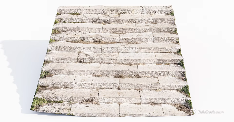 Worn Stone Stairs With Grass Growing On Steps And Weathered Texture 3d model 