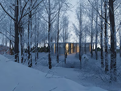 Snowy Winter Forest Landscape With Snow Covered Trees And Lit Small House 3d model