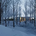 Snowy Winter Forest Landscape With Snow Covered Trees And Lit Small House