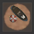Vintage Wooden Boat On Sandy Beach With Umbrella Chair Ball And Shells