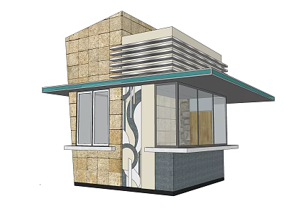 Small Modern Building Structure With Stone Wall Green Canopy And Decorative Curves 3d model