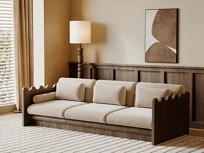 Three Seater Sofa Wooden Frame Cream Cushions In Living Room With Lamp Abstract Painting Curtains 3d model