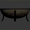 Vintage Metal Bowl With Textured Surface And Black Stand Legs On Dark Background