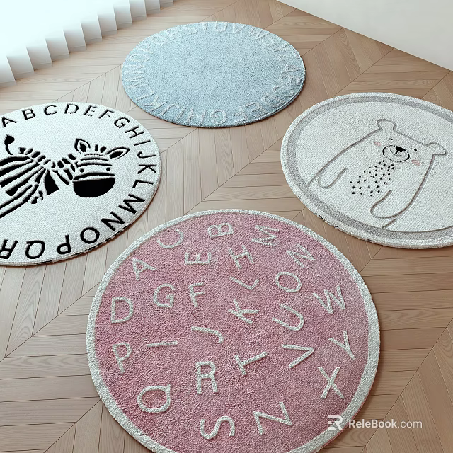 Round Rugs With Zebra Bear And Alphabet Designs On Wood Floor 3d model 