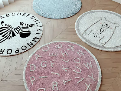 Round Rugs With Zebra Bear And Alphabet Designs On Wood Floor 3d model