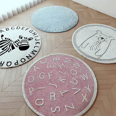 Round Rugs With Zebra Bear And Alphabet Designs On Wood Floor 3d model