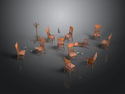 Elegant Wooden Furniture Collection Featuring Multiple Chairs And Coat Rack 3d model