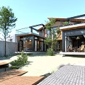 Modern Detached Villa With Wooden Structure Large Glass Windows Garden Stone Path And Terrace