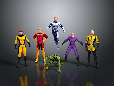 Colorful Action Figures In Various Poses With Different Colored Costumes On Dark Surface 3d model