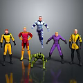 Colorful Action Figures In Various Poses With Different Colored Costumes On Dark Surface