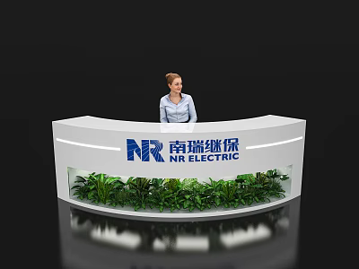 Modern Reception Counter With NR ELECTRIC Logo And Woman Staff Near Green Plants 3d model