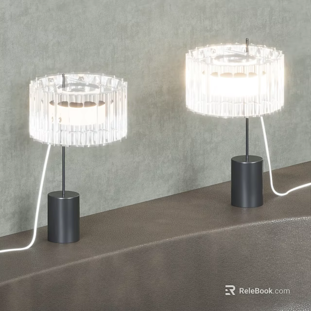Two Modern Table Lamps With Transparent Crystal Shade And Black Base Illuminated On Table 3d model 