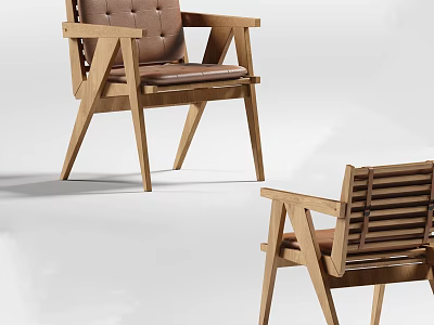 Modern Wooden Dining Chair With Leather Upholstered Seat And Armrest Design 3d model