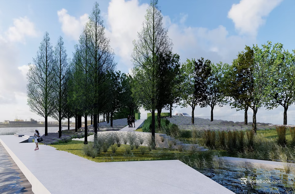 Scenic Landscape Bridge with Tall Trees Lush Grassland Water Area and Pedestrian Pathway 3d model 