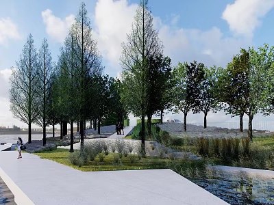 Scenic Landscape Bridge with Tall Trees Lush Grassland Water Area and Pedestrian Pathway 3d model