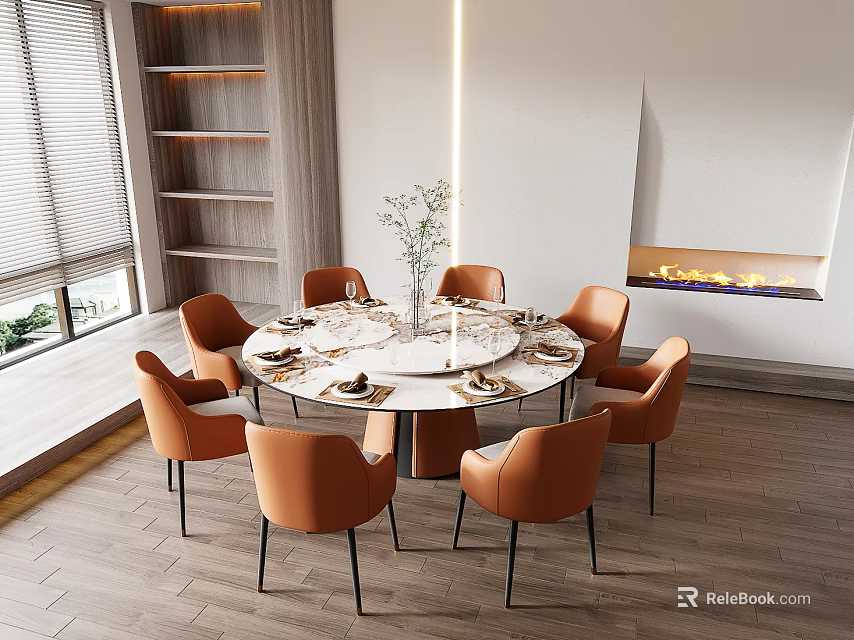 Modern Round Dining Table Set with Orange Chairs Marble Tabletop Vase and Fireplace 3d model