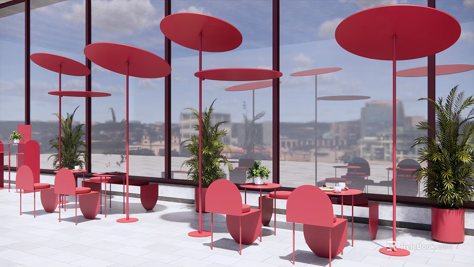 Red Outdoor Chairs With Matching Umbrellas Green Plants And Urban View 3d model 