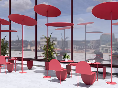 Red Outdoor Chairs With Matching Umbrellas Green Plants And Urban View 3d model