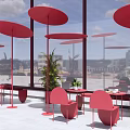 Red Outdoor Chairs With Matching Umbrellas Green Plants And Urban View
