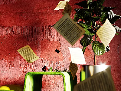 Textured Red Wall With Floating Papers Green Chair And Potted Plant 3d model