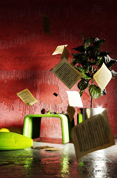 Textured Red Wall With Floating Papers Green Chair And Potted Plant 3d model