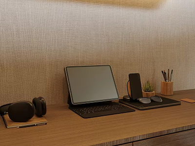 Tablet with Keyboard Stand Headphones Green Plant Penholder on Wooden Desk Light Colored Wall 3d model