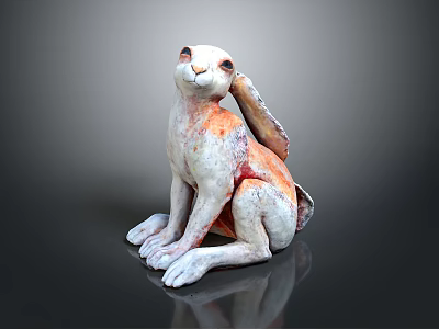 White and Orange Rabbit Sculpture Sitting on Dark Reflective Background 3d model