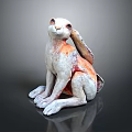 White and Orange Rabbit Sculpture Sitting on Dark Reflective Background 3d model