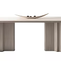 Modern Light Wood Dining Table With Unique Geometric Legs And Decorative Tray Holding Round Objects 3d model