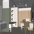 Modern Medical Consultation Room With White Sink Mirror Striped Partition Round Lights And Wooden Cabinets