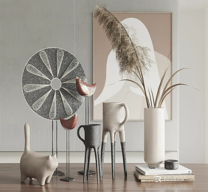 Modern Decorative Ornament Set with Circular Plate Bird Figurines Cat Statue and Pampas Grass Vases 3d model 