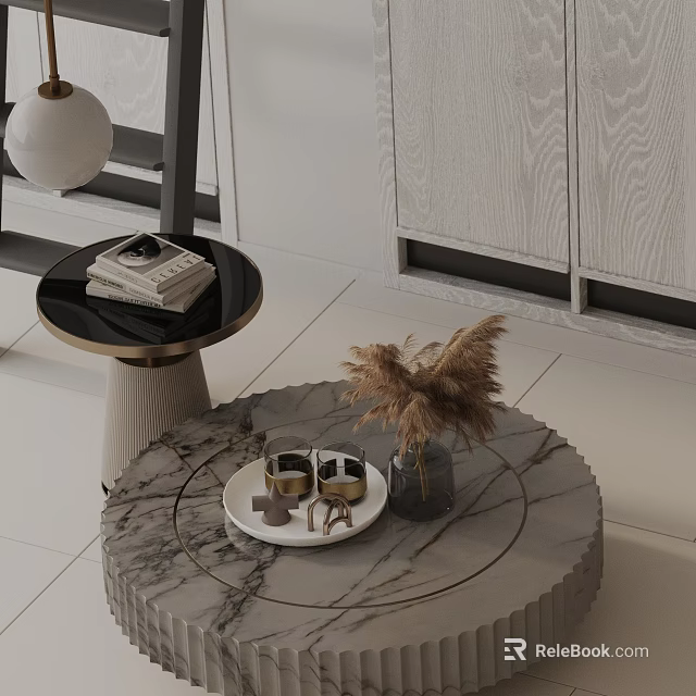Modern Sofa And Coffee Table Combination With Marble Surface And Decorative Accessories 3d model 