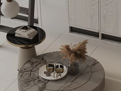 Modern Sofa And Coffee Table Combination With Marble Surface And Decorative Accessories 3d model