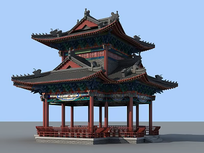 Traditional Chinese Pavilion Featuring Multi Tiered Eaves Red Pillars And Colorful Decorations 3d model