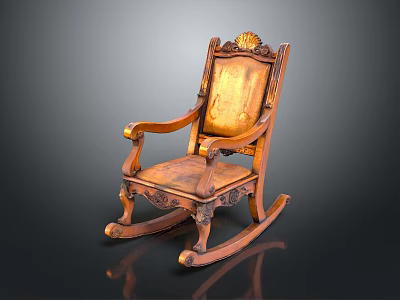 Vintage Wooden Rocking Chair With Carved Accents And Leather Upholstered Seat 3d model