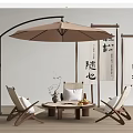 Traditional Outdoor Wooden Table And Chairs Set With Arch Umbrella And Calligraphy Scrolls