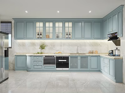 Modern Light Blue Kitchen Interior With Cabinets Marble Countertops And Appliances 3d model