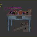 Vintage Machine Gun On Blue Weathered Table With Wooden Boxes Red Canister And Stacked Crates