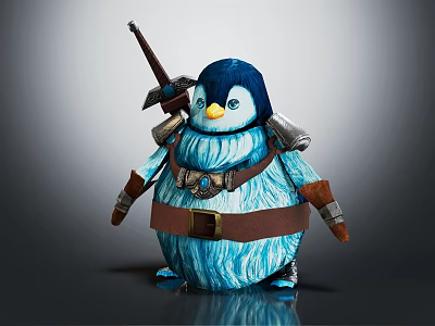 Fantasy Blue Armored Penguin Warrior Character With Sword And Leather Belt 3d model
