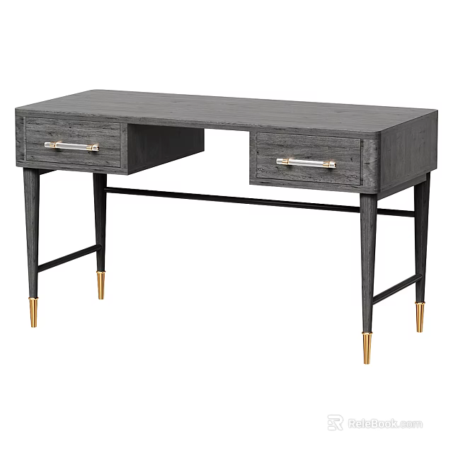 Modern Gray Wooden Desk With Two Drawers And Gold Tipped Black Legs 3d model 