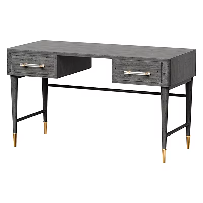 Modern Gray Wooden Desk With Two Drawers And Gold Tipped Black Legs 3d model