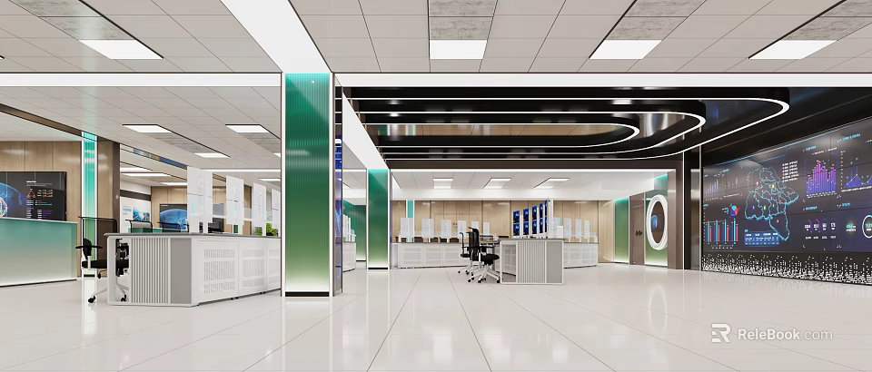 Modern Monitoring Room Interior With White Floor Green Pillars Workstations Computer Screens And Ceiling Lights 3d model 