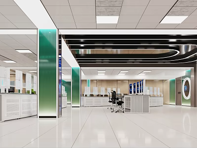 Modern Monitoring Room Interior With White Floor Green Pillars Workstations Computer Screens And Ceiling Lights 3d model