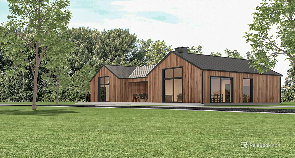 Modern Wooden House With Black Roof Large Windows And Green Lawn Surrounded By Trees 3d model 
