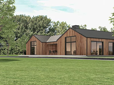 Modern Wooden House With Black Roof Large Windows And Green Lawn Surrounded By Trees 3d model