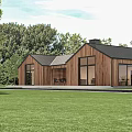 Modern Wooden House With Black Roof Large Windows And Green Lawn Surrounded By Trees