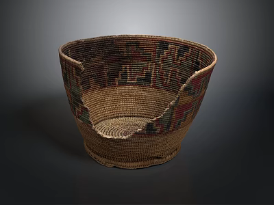 Hand Carved Basket Sculpture With Colorful Patterned Design And Textured Surface 3d model